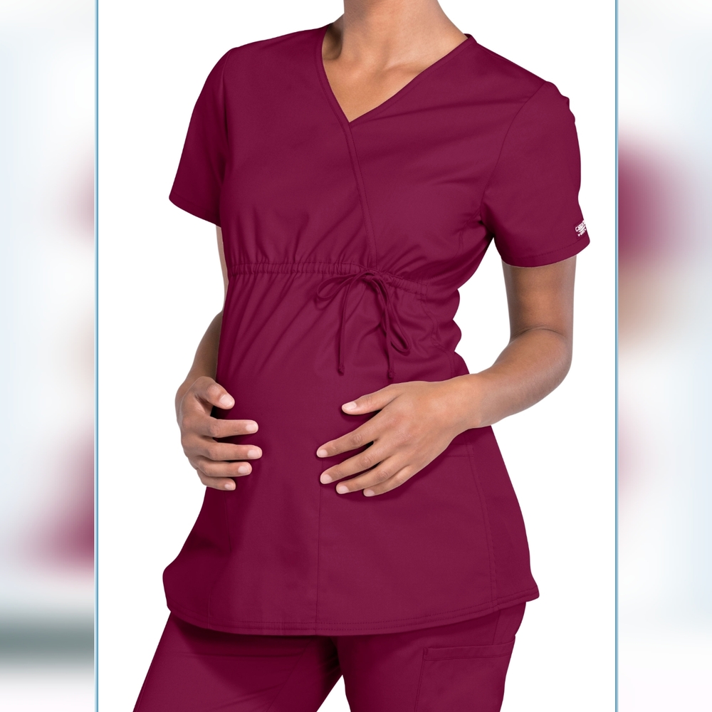 Cherokee Workwear Professional Maternity Mock Wrap Top in wine